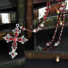 ロザリオ【† Crimson Justice †】★ハンドメイド ロザリオ 推し活 十字架  クロス 聖魔法 ロングネックレス ゴシック＆ロリータ