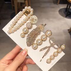 happykau ヘアピン 5個セット おしゃれ ヘアクリップ パール 髪留め 女の子 髪飾り ゴールド 一字型ピン ヘアアクセサリー 結婚式 入学式 卒業式 立体感 (B)