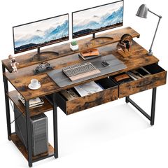 3段階モニター台付き pcデスク ワークデスク 机 オフィスデスク パソコンデスク おしゃれ 幅120cm 省スペース 引き出し2杯付き 一人暮らし ラック付きデスク 在宅勤務 ゲーミングデスク 左右入れ替え対応 ODK ビンテージ