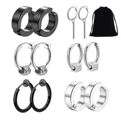 【新着商品】シンプル ステンレス リング シルバー フープピアス レディース ブラック6ペア メンズ メンズ 収納ポーチ付き イヤーカフ イヤリング ユニセックス(両耳12個セット) ノンホールピアス フェイクピアス