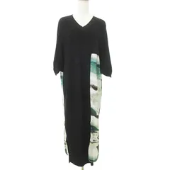 オズモーシス osmosis 美品 Vネック 切替ニット ワンピース 七分袖 ワンサイズ 黒 ブラック 緑 グリーン