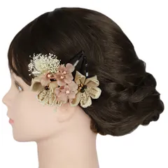 七五三 髪飾り 三歳 七歳 日本髪 花 2点セット ピンク ベージュ オフホワイト つまみ細工 菱つまみ カスミソウ レースリボン No.9-5423