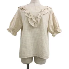 エヘカソポ サマンサモスモス ehka sopo SM2 miyoshi カットソー ブラウス プルオーバー クルーネック ギンガムチェック フリル 五分袖 F ベージュ 白 ホワイト