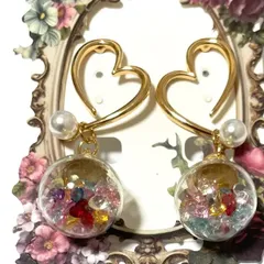 サージカルステンレス　ハート　パール　カラフル　ガラスドーム　ピアス