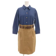 クイーンズコート QUEENS COURT ドッキングワンピース 七分袖 ひざ丈 2 青 ブルー 茶 ブラウン シャツカラー ベルト付 /GV