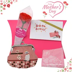 母の日 ギフト ニッコリ 笑顔 猫 財布 と ピンク ハンカチ 2点セット 贈り物 プレゼント 造花 カーネーション ラッピング付