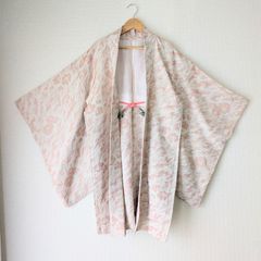 Japanese Vintage Haori Long Chirimen Pink Embroidery Floral Pattern Silk Kimono Gown 長羽織 羽織 正絹 縮緬 薄桃色 手刺繍 霞菊 古布 時代布 一点物 大正浪漫 和洋折衷