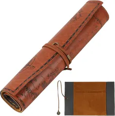 fogman ペンケース 筆箱 筆記用具入れ ロール型 巻き型 アンティーク レトロ おしゃれ PUレザー(ダークブラウン)