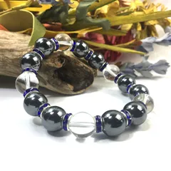 ヘマタイト&水晶 パワーストーン ブレスレット 天然石 12mm （ダークブルー）メンズ・レディース　男性・女性　数珠ブレス　開運  [24]　