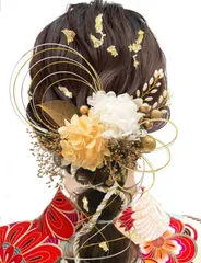 【新着商品】金白 水引 紐アレンジ 金箔 かすみ草 プリザーブドフラワー ドライフラワー 振袖 A6002 結婚式 和装 卒業式 袴 成人式 髪飾り 9色展開 [JZOON]