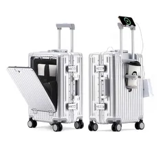 [DIKA] 2024高機能！スーツケース ストッパー付き シルバー 機内持ち込み キャリーケース フロントオープン パソコン収納ポケット キャリーバッグ 前開き カップホルダー付き トップオープン トロリースーツケース usbポート付き/充電機能/スマホ 0