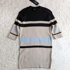 未使用タグ付き■AZUL BY MOUSSY アズールバイマウジー ボーダー リブニット セーター 5分丈袖 洗える トップス ベージュ×黒 ブラック ブルー 大きいサイズ L レディース