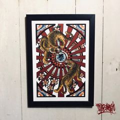 尾九 魔除け イラスト 虎 両虎相闘 干支 梵字 タラーク A4サイズ フレーム付き