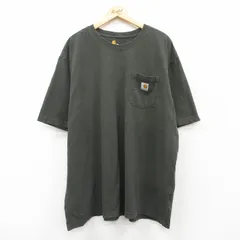 XL/古着 カーハート 半袖 ブランド Tシャツ メンズ ワンポイントロゴ 胸ポケット付き 大きいサイズ ロング丈 コットン クルーネック 濃緑 