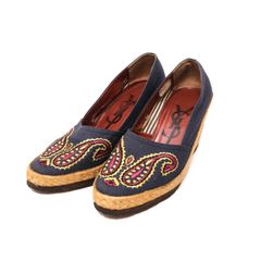 サンローラン 靴 パンプス ハイヒール シューズ 36c ボタニカル キャンバス ストロー 紺 ネイビー navy Saint Laurent