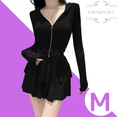 [ COCO&YUKA公式 ] ココアンドユカ 2点 セット 長袖 前開き カーディガン ミニ フレア スカート フード 付き タイト トップス チャック ウエストゴム ティアード フリル ミニスカート 上下 セットアップ ブラック M B0FFSC4GV6