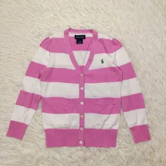 美品 RALPH LAUREN ラルフローレン カーディガン サイズ6 120 キッズ 女の子 ロゴ ポニー刺繍 ピンク ボーダー 長袖 薄手 中古 ブランド