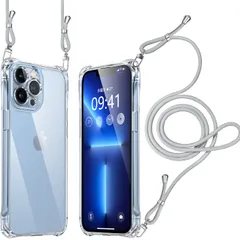 【迅速発送】iPhone 13pro ケース クリア ショルダー 耐衝撃 レンズ保護 肩掛け 首かけ 斜めがけ 縄掛け カバー 調節可能な 透明 落下防止 縦/横 紛失防止 2WAY （グレー）