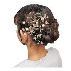 [あめてまり] 水引入り髪飾りセット 髪飾り リーフ 花 水引 ゴールド 8点セット Uピン ヘアアクセサリー ヘッドドレス シュリンクパール 結婚式 成人式 お呼ばれ 二次会 振袖 袴 前撮り 花飾り 花嫁 (シャンパンゴールド)