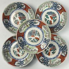 736 錦手　花　古伊万里　伊万里焼　骨董　アンティーク　大膾皿　俊寛皿　5客セット