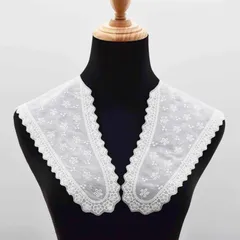 AZ073ホワイト　2枚セット　コットン刺繍付け襟　つけ襟　襟レース　フラワー刺繍レース　ビッグカラー 　大きめ襟　花柄刺繍　ハンドメイド素材