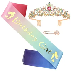 HUAZONTOM 誕生日 王冠 たすき ブローチ 3点セット 「BIRTHDAY GIRL」 宝石 ティアラ パーティーグッズ 誕生日カチューシャ パーティーハット バースデー 飾り 女の子 おしゃれ ゴールド カラフル 「誕生日ガール」 0