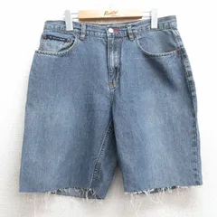W33/古着 トミーヒルフィガー ブランド ショート パンツ ショーツ メンズ ワンポイントロゴ リネン 紺 ネイビー デニム 25jul08 中古 ボト