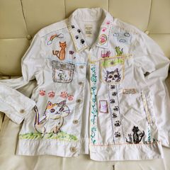手描き 猫柄シャツ  春夏羽織りアウター  レディースL、メンズM