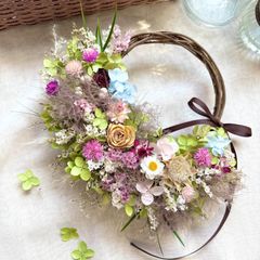 Natural＊ころころミモザとかすみ草のリース☆ミモザリース☆ドライ