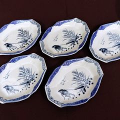 吹墨 染付六角蝦文向付 古染付風 和食器 海老 5枚 魯山人好み 手描き
