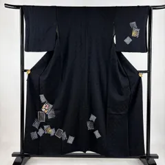 付下げ 身丈153cm 裄丈64cm M 袷 梅 色紙 絞り 金糸 黒 正絹 秀品 【中古】