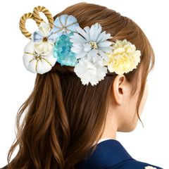 【在庫】髪飾り２点セット 振袖 成人式白 ピンク つまみ細工 ちりめん 桜 (水色系)