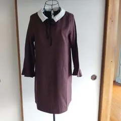 a110【 MAJESTIC LEGON 】 マジェスティックレゴン ワンピース (S) つけ襟 Aライン  チェック柄 オフィスカジュアル 茶 ブラウン