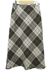自由区 オンワード樫山 チェック柄 ロング丈 フレアスカート 38 緑系 オリーブグリーン フリンジ 裏地