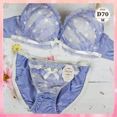★D70/M☆美胸ブラ＆ショーツセット ダブルパッド 盛胸 谷間メイク 水玉＆リボン 青