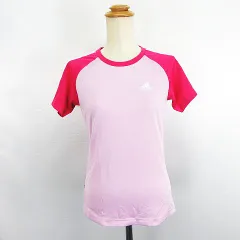 アディダス adidas Tシャツ カットソー 半袖 クルーネック ライン ロゴ UVケア M ピンク スポーツウェア ※EKM
