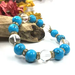 ターコイズ&水晶 パワーストーン ブレスレット 12mm （ゴールド）メンズ・レディース　男性・女性　数珠ブレス　開運  [17]
