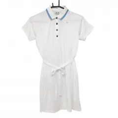 【美品】アディダス 半袖ポロワンピース 白×ライトブルー 襟3ライン 共布ベルト付 レディース M/M ゴルフウェア adidas