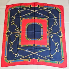 CELINE セリーヌ シルク スカーフ ネイビー/赤 チェーン 馬具柄 85cm