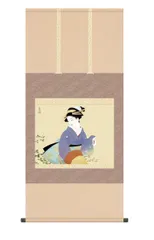 10年保証 掛け軸 萩の露 (はぎのつゆ) 上村松園 新絹本 洛彩緞子本表装 尺5 桐箱付き モダン 掛軸 床の間 和室 名画複製画 おしゃれ 壁掛け 絵