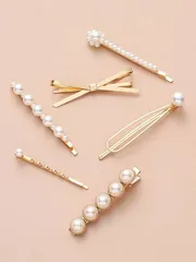 ６ピース 金属 リボン 人工パール ヘアクリップ ヘアピン ゴールド 韓国風
