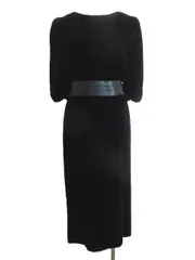 YUKI TORII 鳥居ユキ ベルベット ワンピース リボン パフスリーブ ボートネック 光沢 パワーショルダー ロング丈 冠婚葬祭 9号 Mサイズ 黒 ブラック 日本製 レディース E287