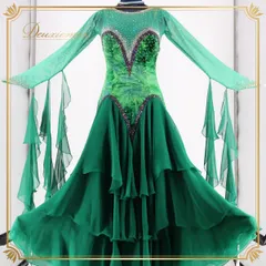 社交ダンス 衣装 スタンダード スタンダードドレス フロート ワンピース グリーン系 緑 長袖 デモ 競技 競技用 ダンス ベロア お洒落 ふんわりスカート 3枚重ね フォーマル パーティー 舞台用 ダンス衣装 レディース グリーンカラードレス 競技会用