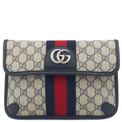 グッチ GUCCI ウエストバッグ オフィディア GGスプリーム ベルトバッグ GGスプリームキャンバス レザー ベージュ×ネイビー シルバー金具 ウェブ 紺 赤  674081 【箱】【中古】