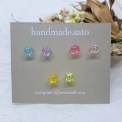 【378】クリアビーズ小粒ピアス　6色セット(樹脂ポストピアス)