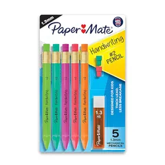 Paper Mate (ペーパーメイト) 手書き 三角形シャープペンシルセット 替え芯と消しゴム付き 1.3mm 子ども向け 楽しいバレルカラー 5本 1