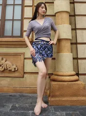 ☆ラスト１点☆ ベリーダンス 衣装 レッスン着 練習着 上下セット フリンジ付き ヒップスカーフ＆チョリ 濃紺 Mサイズ レディース 舞台 発表会 ダンスウェア ヨガ ラテンダンス