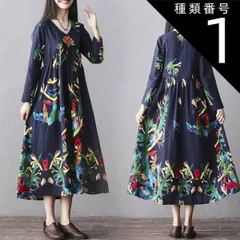 種類1：ネイビー/M 花柄 切り替え デザイン ロング ワンピース フレアワンピース 膝下 ロング丈 袖あり 長袖 Vネック フレア Aライン 切り替えデザイン タック かわいい 大人可愛い きれいめ カジュアル 大人 上品 おしゃれ エスニック エキゾチック