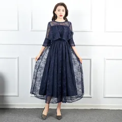 新品未使用 S - 3L 総レース パーティードレス 結婚式 ワンピース ロングワンピース ロングドレス ネイビー レース 袖あり お呼ばれ フォーマル 二次会