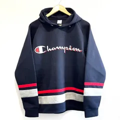 (^w^)b Champion チャンピオン パーカー スウェット プルオーバー 長袖 フード付き ビックロゴ レーヨン ストレッチ ゆったり ロゴワッペン カジュアル タウンユース 紺 ネイビー メンズ サイズL